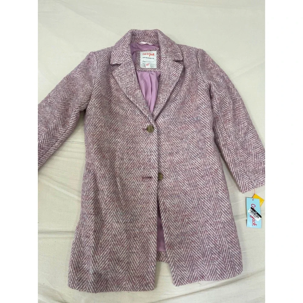 Cat & Jack Girls Herringbone Overcoat Pink Purple Size M 7-8 Dress Coat NEW